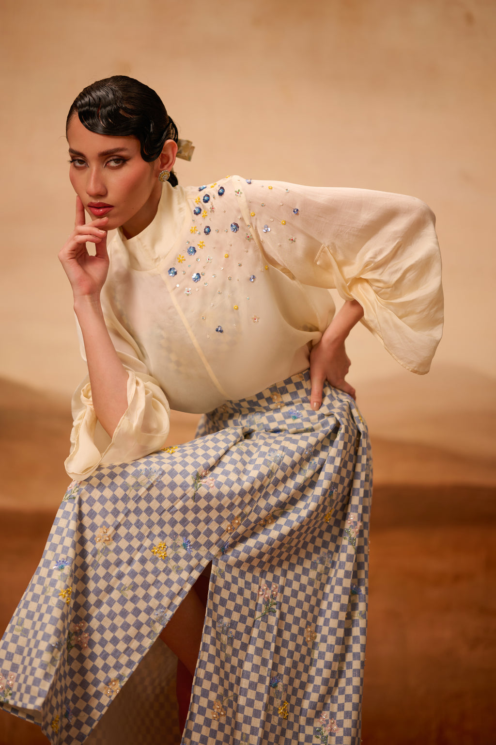 Poppy High Neck Shirt Set Blue